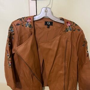 G by Giuliana Brown Leather Jacket with Floral Embroidery
